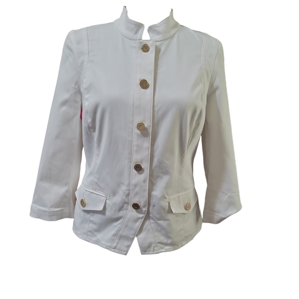 White house black market Military style short jacket Gold buttons Band collar 4